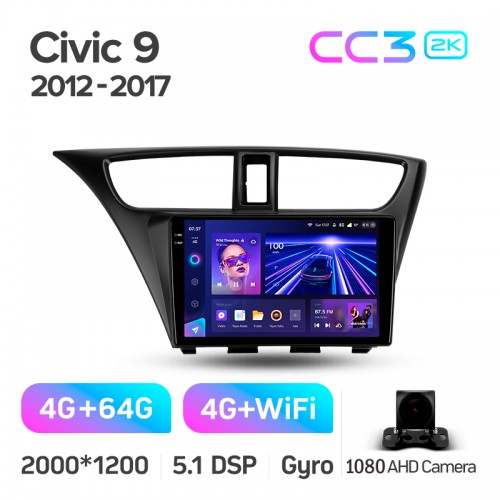 Штатна магнітола Teyes CC3 4+64 Gb Honda Civic 9 FK FB 2012-2017 9" 2k