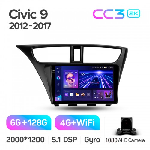 Штатна магнітола Teyes CC3 6+128 Gb Honda Civic 9 FK FB 2012-2017 9" 2k