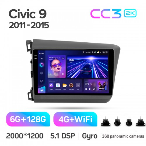 Штатна магнітола Teyes CC3 6+128 Gb з коловим оглядом 360° Honda Civic 9 FB FK FD 2011-2015 9" 2k