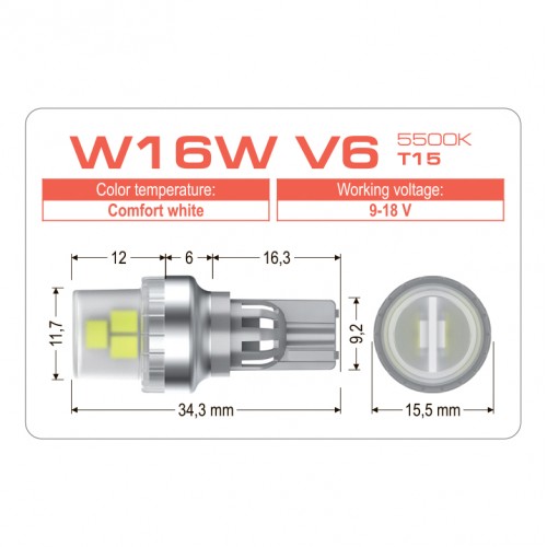 Світлодіодна лампа VISION W16W V6 T15 5500K