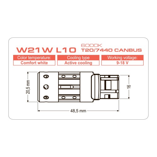 Світлодіодна лампа LONGLIFE W21W L10 T20/7440 CANBUS 6000K